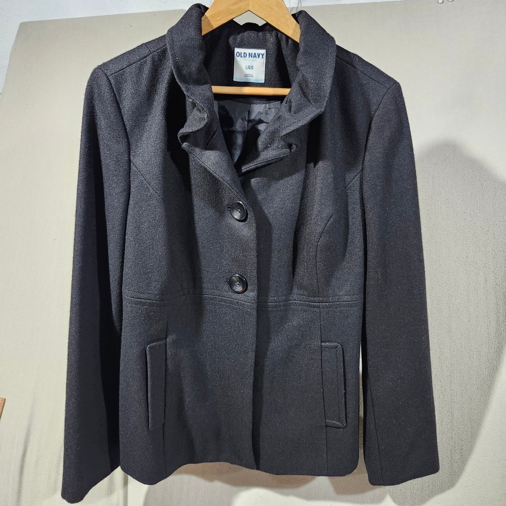 Old Navy Wool‎ Blend Ruffle Funnel Neck Black Pea Coat Jacket Women Large Staple